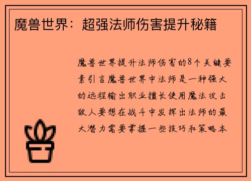 魔兽世界：超强法师伤害提升秘籍